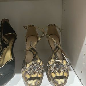 Used OSCAR DE LA RENTA Crystal Embellished Animal Print Platform Sandals 7.5